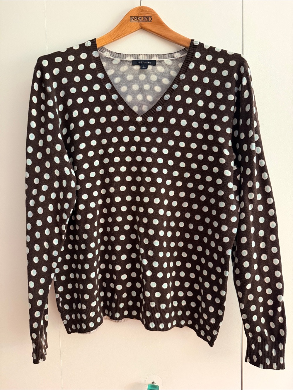 Lands' End Brown V-Neck Sweater with Light Blue Polka Dots